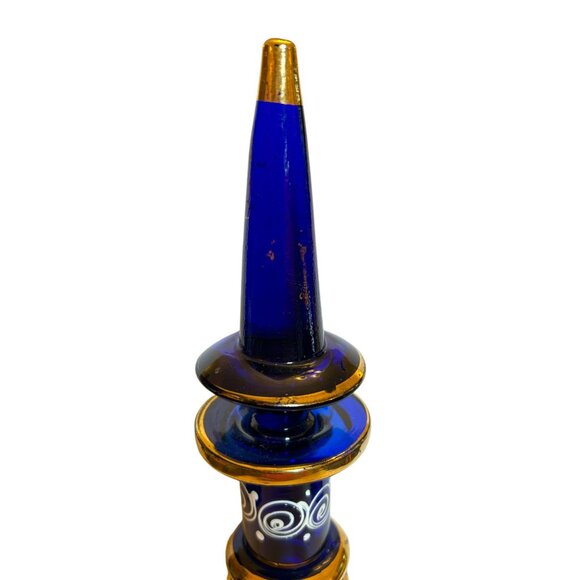 Vintage Bohemian Persian Hand-Painted Cobalt Blue & Gold Glass Decanter - Picture 9 of 13